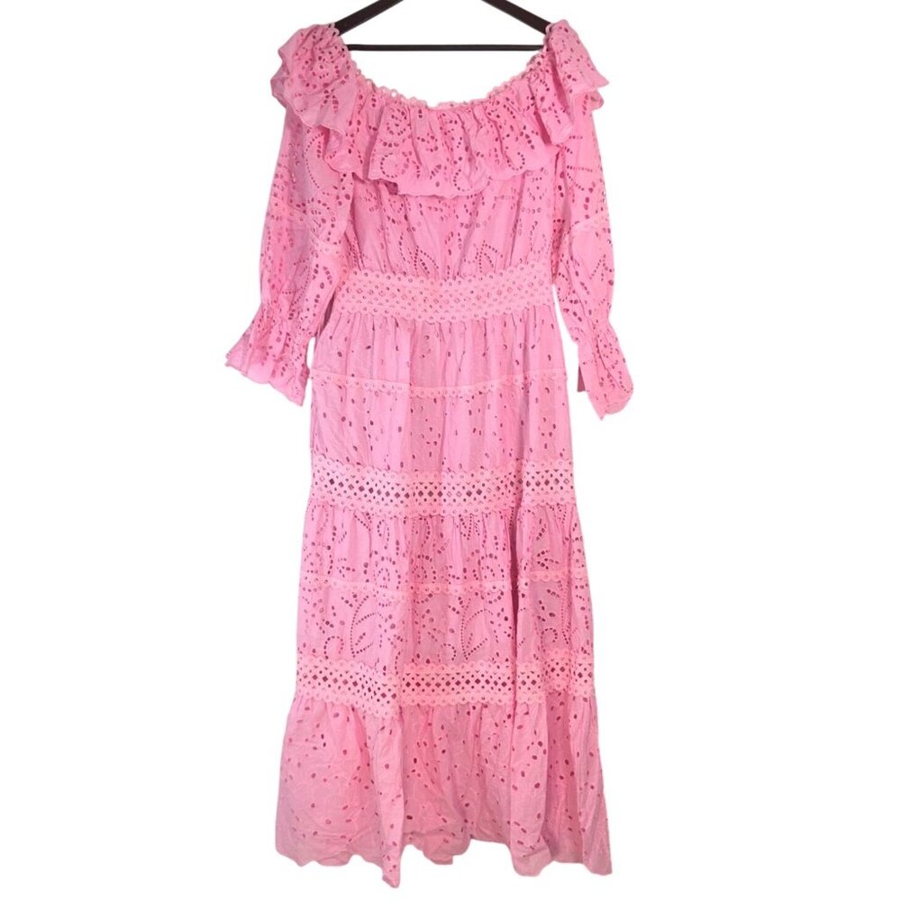 JJ's Fairyland Pink Eyelet Broderie Anglaise Ruffle Off Shoulder Dress Large NWT